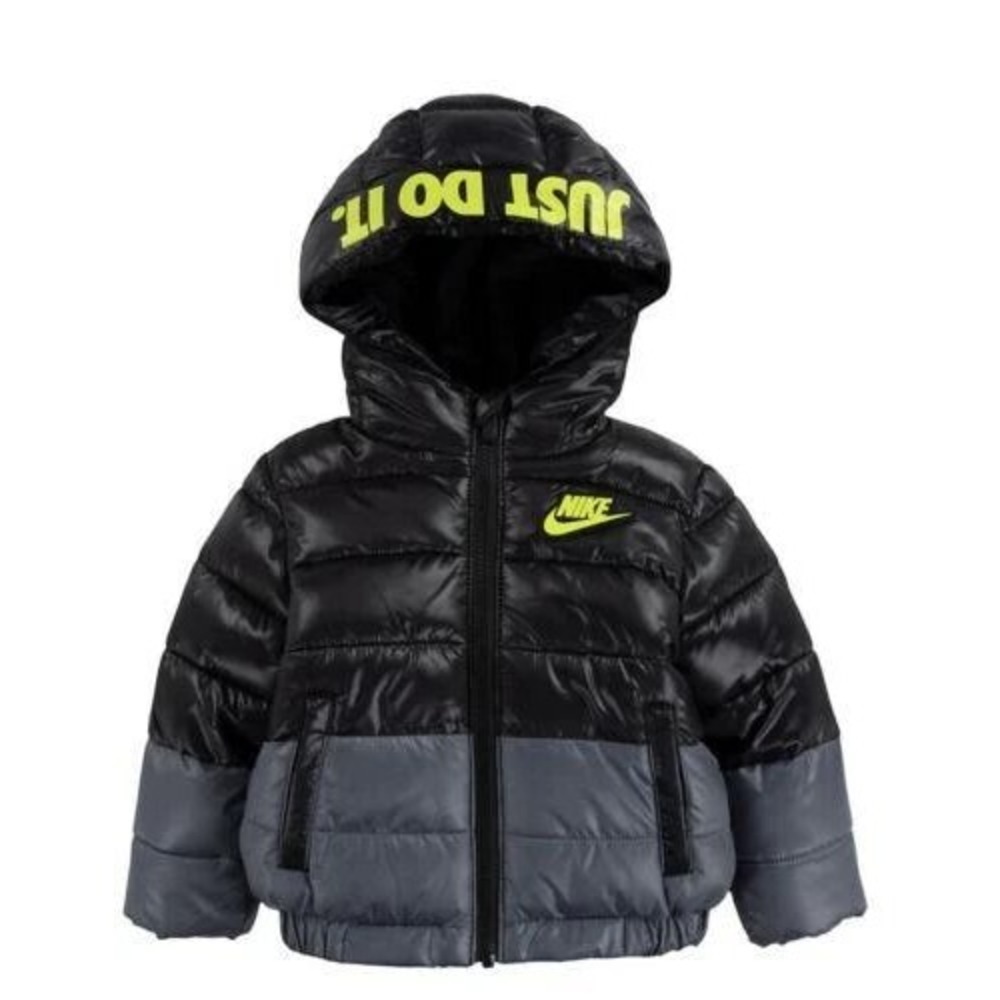 New Nike Puffer Jacket Toddler 2T Black Gray Yellow Just Do It Hooded H859-023
